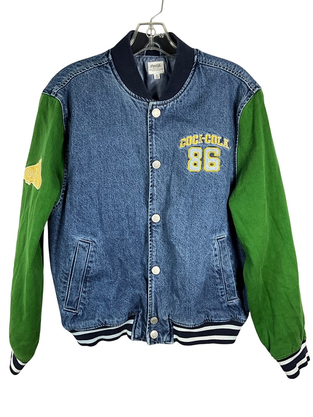 PacSun Varsity Jacket Size S Green Denim Coca Cola Graphics Bomber Jacket